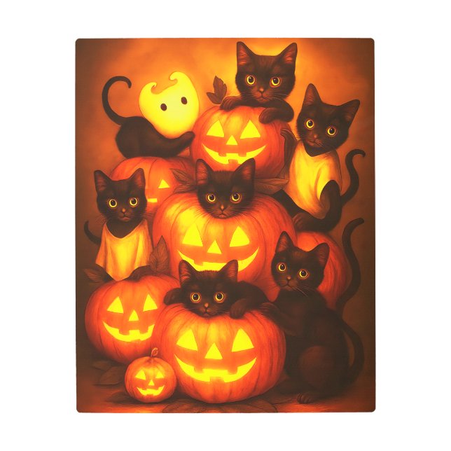 Glowing Halloween Pumpkin with Cute Black Cat Post Metal Print (Front)