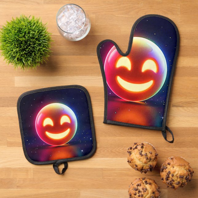 Glowing Happy Orb Emoji Oven Mitt & Pot Holder Set (Top Down)