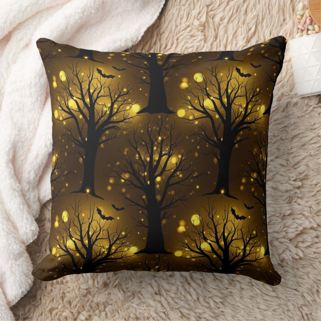 Glowing Haunted Forest Bokeh - Night Trees Throw Pillow (Blanket)