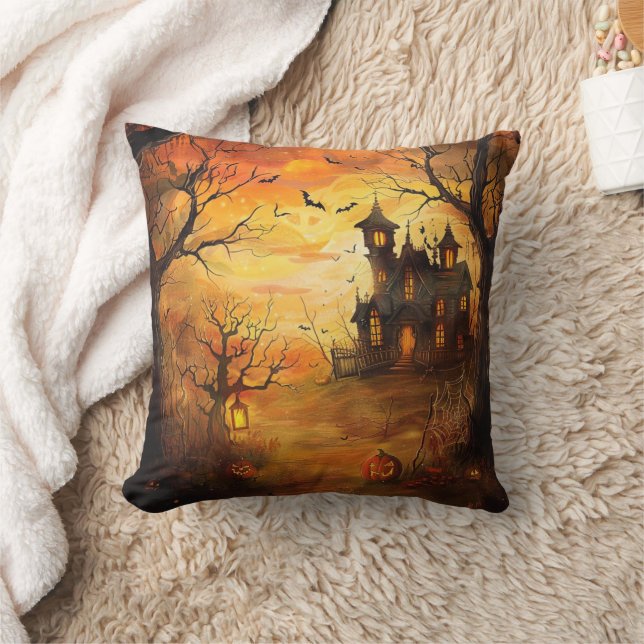 Glowing Haunted Mansion Halloween Throw Pillow (Blanket)