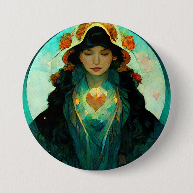 Glowing Heart Woman Fantasy Sci-Fi Button (Front)
