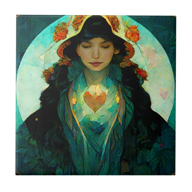 Glowing Heart Woman Fantasy Sci-Fi Ceramic Tile (Front)