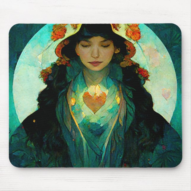 Glowing Heart Woman Fantasy Sci-Fi Mouse Pad (Front)