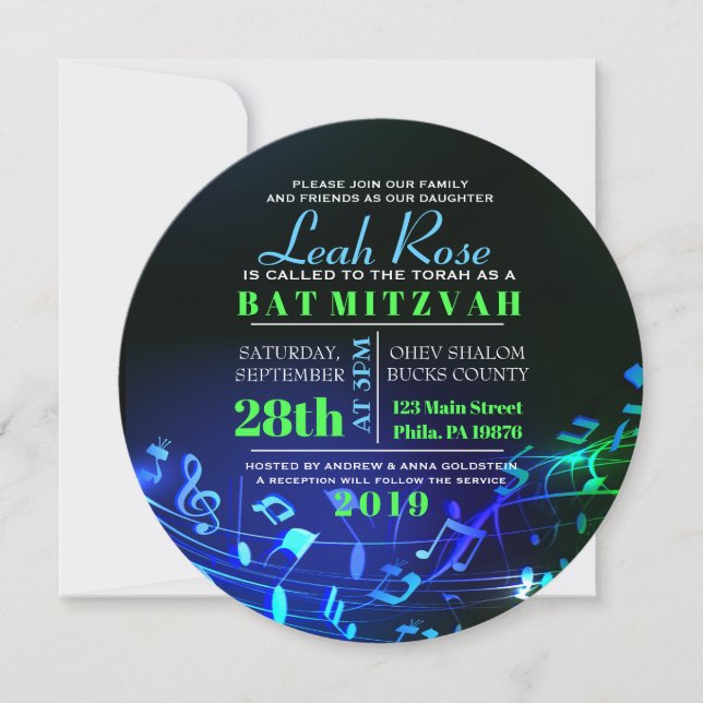 Glowing Hebrew Letters & Musical Notes Bat Mitzvah Invitation (Front)