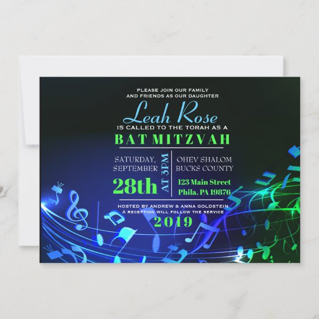 Glowing Hebrew Letters & Notes Bat Mitzvah Invitation (Front)
