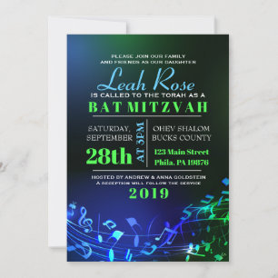 Glowing Hebrew Letters & Notes Bat Mitzvah Invitation