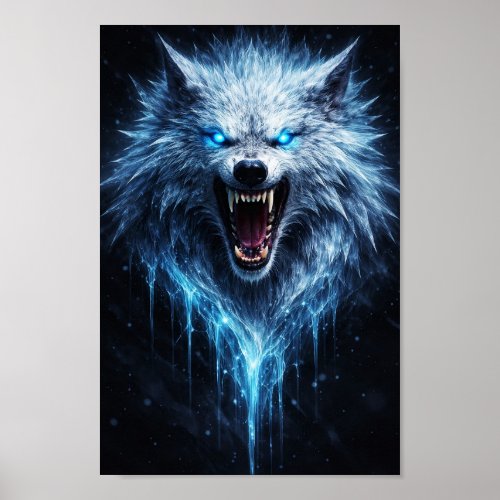 Glowing Ice Wolf Snarling Beast Poster