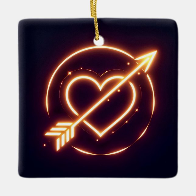 glowing image of a heart with cupid's arrow ceramic ornament (Front)