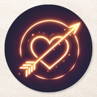 glowing image of a heart with cupid's arrow round paper coaster