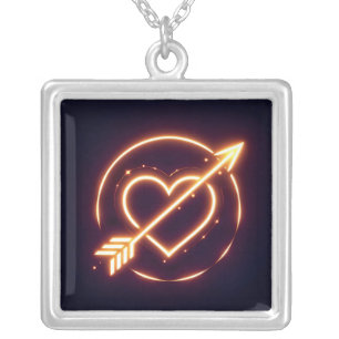 glowing image of a heart with cupid's arrow silver plated necklace
