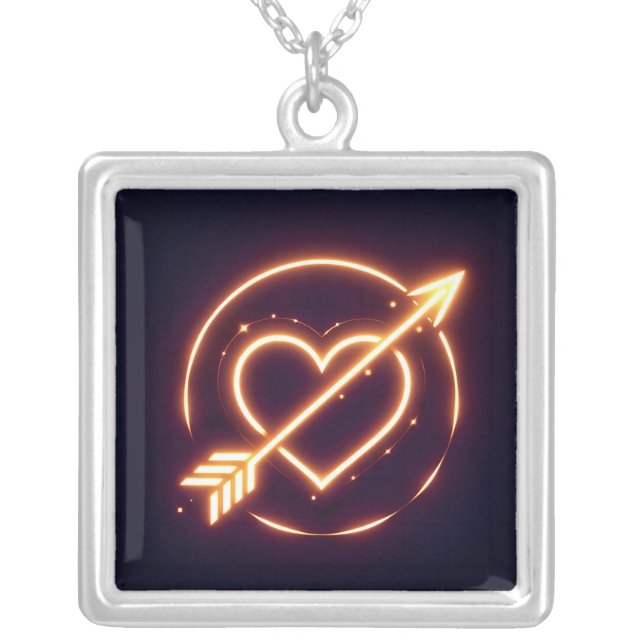 glowing image of a heart with cupid's arrow silver plated necklace (Front)