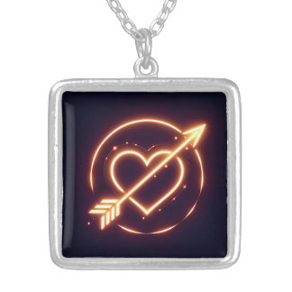 glowing image of a heart with cupid's arrow silver plated necklace