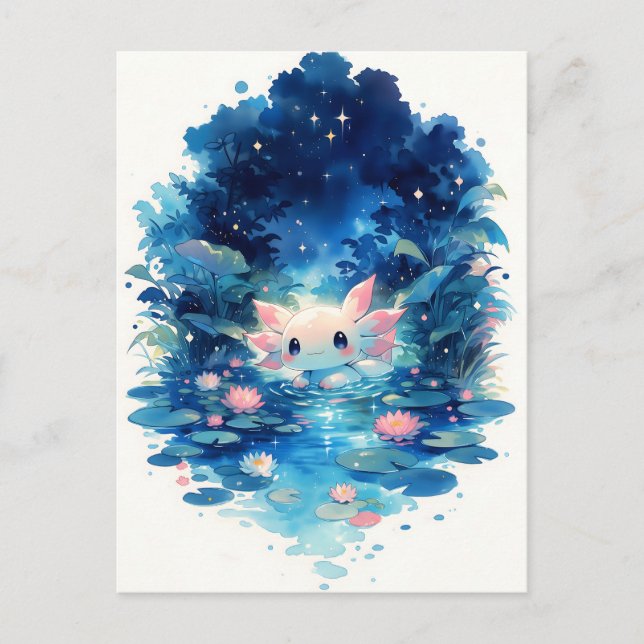 Glowing Indigo Forest Kawaii Axolotl Pond Postcard (Front)