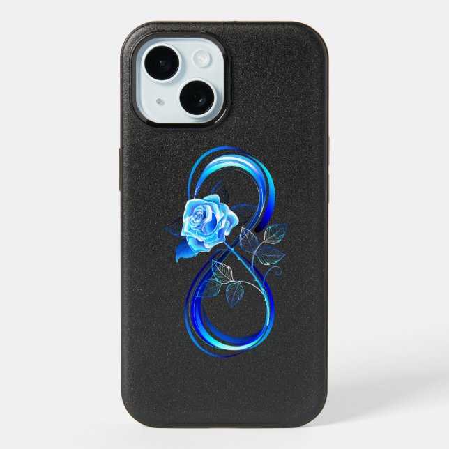 Glowing infinity with blue rose iPhone 15 case (Back)