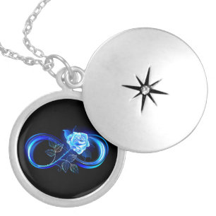 Glowing infinity with blue rose locket necklace
