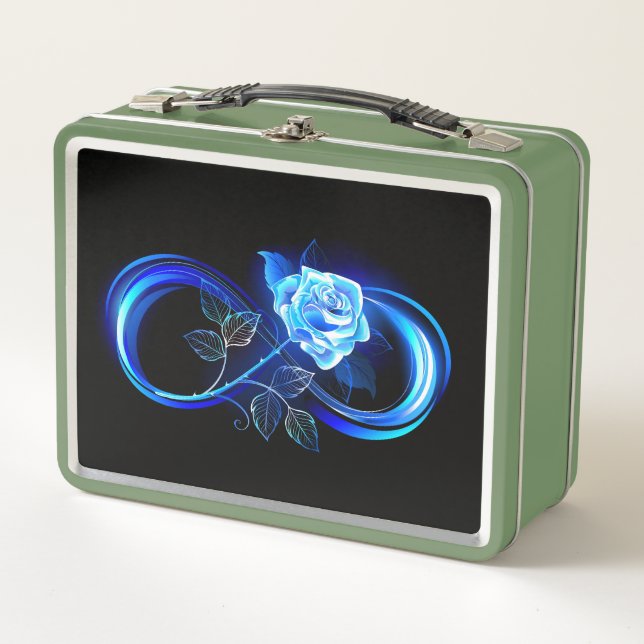 Glowing infinity with blue rose metal lunch box (Front)