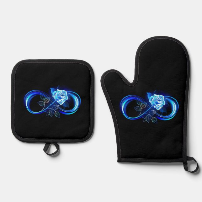 Glowing infinity with blue rose oven mitt & pot holder set (Front)