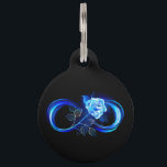 Glowing infinity with blue rose pet ID tag<br><div class="desc">Luminous infinity symbol with glowing,  beautiful,  lushly blooming rose made of blue flames on black background.</div>