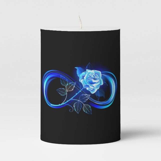 Glowing infinity with blue rose pillar candle (Front)