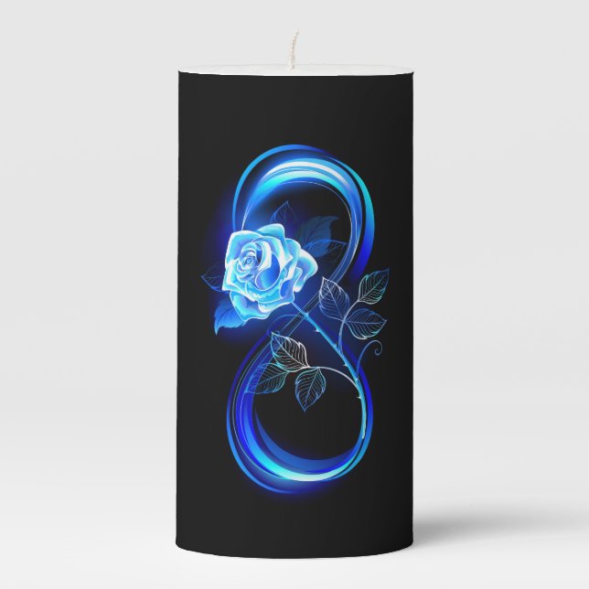 Glowing infinity with blue rose pillar candle (Front)