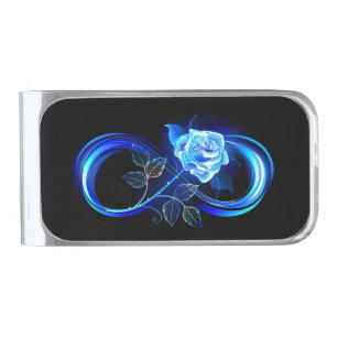 Glowing infinity with blue rose silver finish money clip