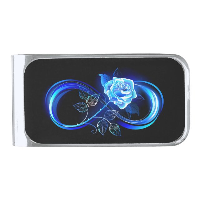 Glowing infinity with blue rose silver finish money clip (Front)
