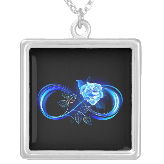 Glowing infinity with blue rose silver plated necklace (Front)