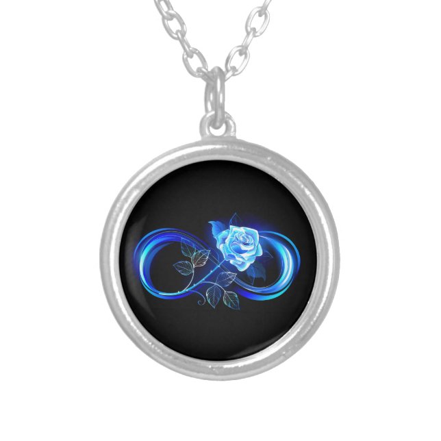 Glowing infinity with blue rose silver plated necklace (Front)