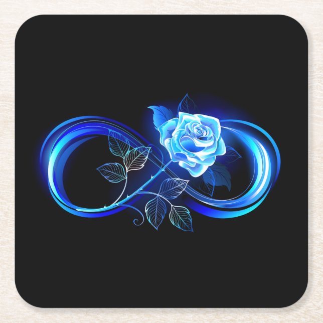 Glowing infinity with blue rose square paper coaster (Front)
