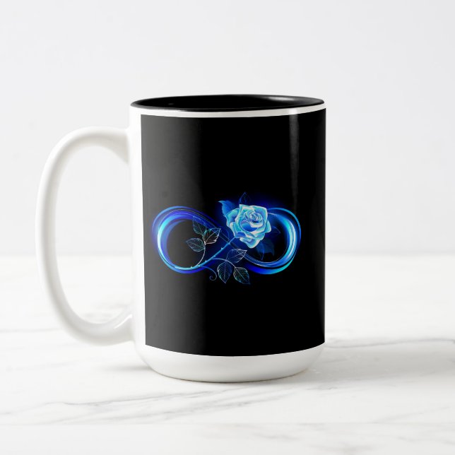 Glowing infinity with blue rose Two-Tone coffee mug (Left)