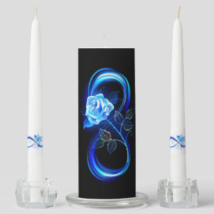 Glowing infinity with blue rose unity candle set