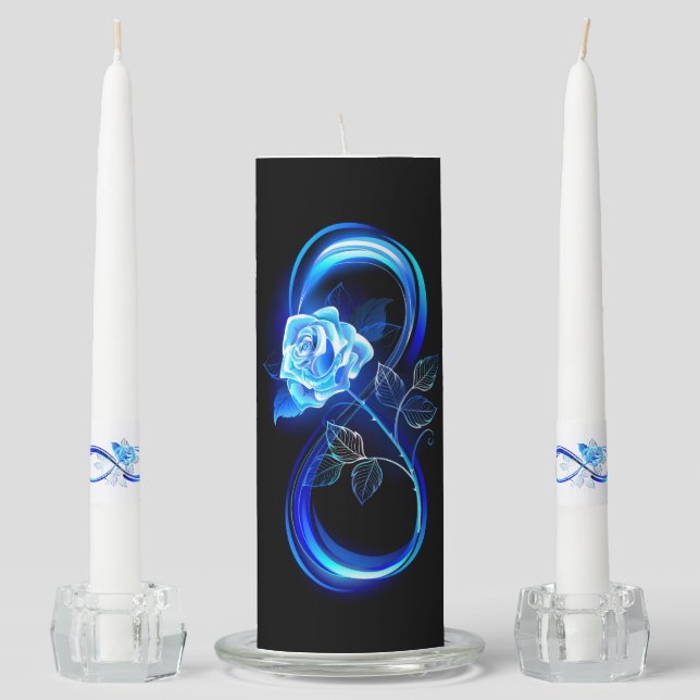 Glowing infinity with blue rose unity candle set (Front)