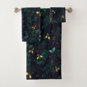 Glowing Insects on Dark Foliage Bath Towel Set