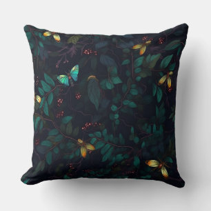 Glowing Insects on Dark Foliage Throw Pillow