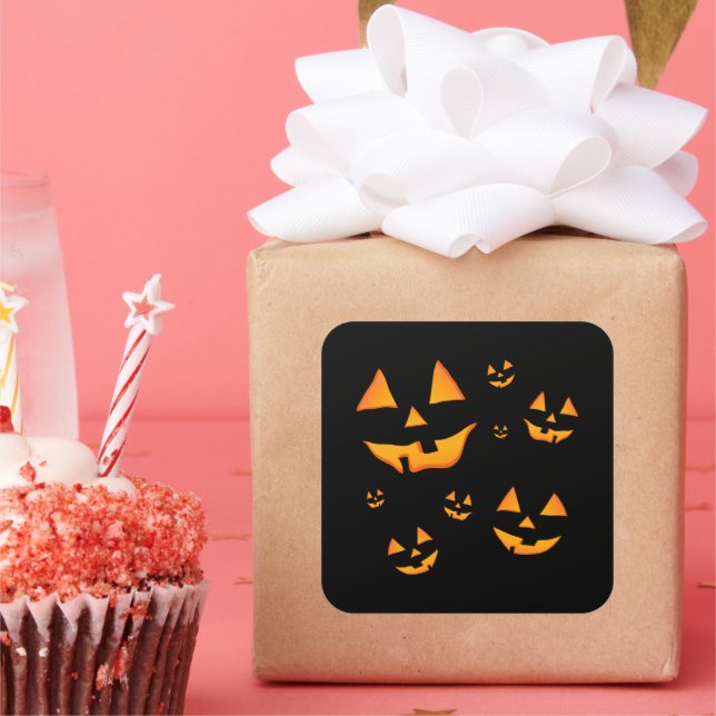Glowing Jack-O-Lantern Faces Halloween Design Square Sticker (Party)