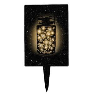 Glowing Jar Of Fireflies With Night Stars Cake Topper