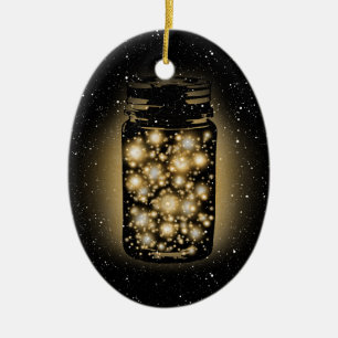 Glowing Jar Of Fireflies With Night Stars Ceramic Ornament