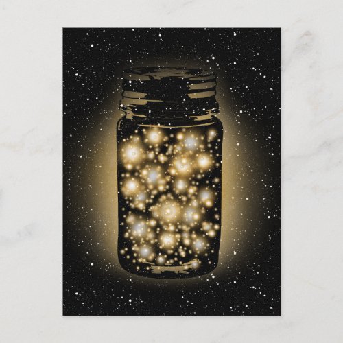 Glowing Jar Of Fireflies With Night Stars Postcard