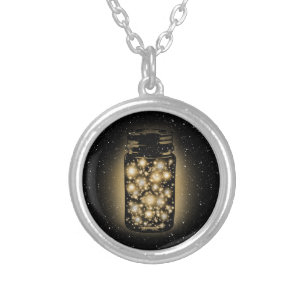 Glowing Jar Of Fireflies With Night Stars Silver Plated Necklace