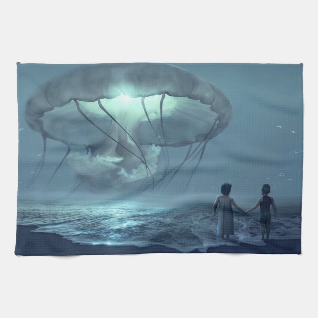 Glowing jellyfish cloud over ocean beach blue kitchen towel (Horizontal)