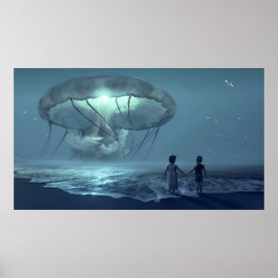 Glowing jellyfish cloud over the ocean beach poster