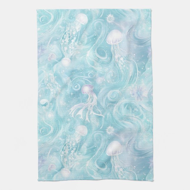 Glowing Jellyfish Ocean Pattern Kitchen Towel (Vertical)