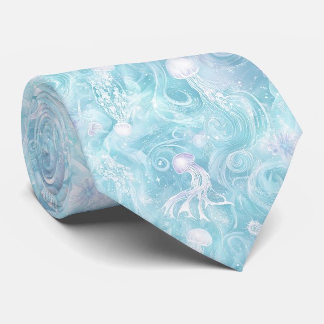 Glowing Jellyfish Ocean Pattern Neck Tie (Rolled)