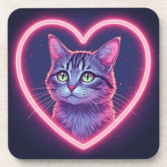 Glowing Kitty Love Art | Romantic Pet Lover Gift Beverage Coaster (Front)