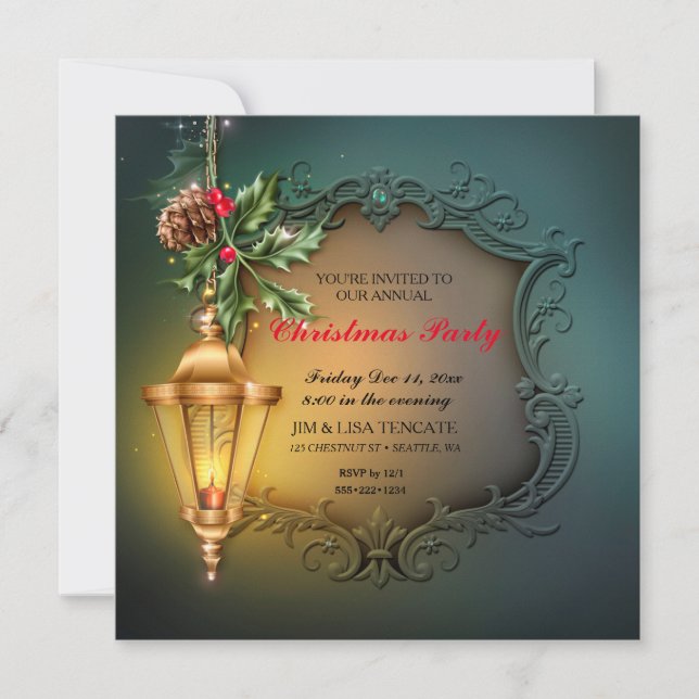 Glowing Lantern Holly Pine Cone Christmas Holiday Invitation (Front)