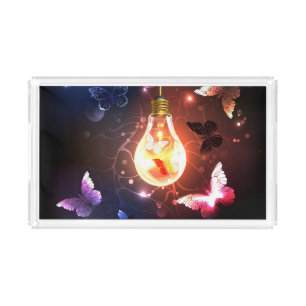 Glowing Light Bulb with Night Butterflies Acrylic Tray