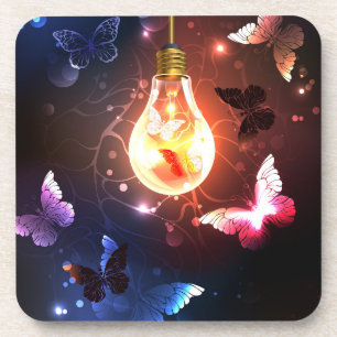 Glowing Light Bulb with Night Butterflies Beverage Coaster