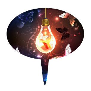 Glowing Light Bulb with Night Butterflies Cake Topper
