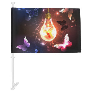 Glowing Light Bulb with Night Butterflies Car Flag