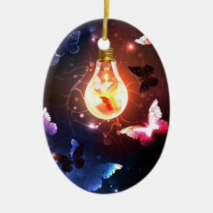 Glowing Light Bulb with Night Butterflies Ceramic Ornament